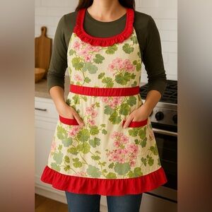 COUNTRY LIVING Vtg Floral Cotton Scoop Neck Pockets Ruffled Apron Dress#0730255